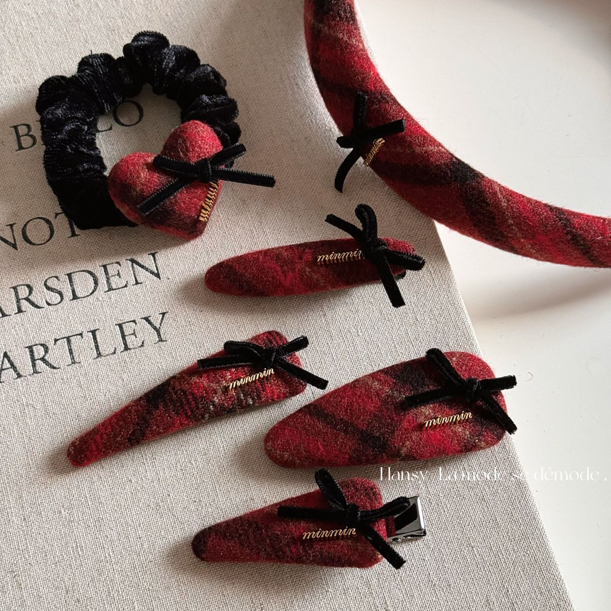 new year red cell pattern barrettes black ribbon small bowknot gold letter logo retro duckbill clip bb clip bang clip