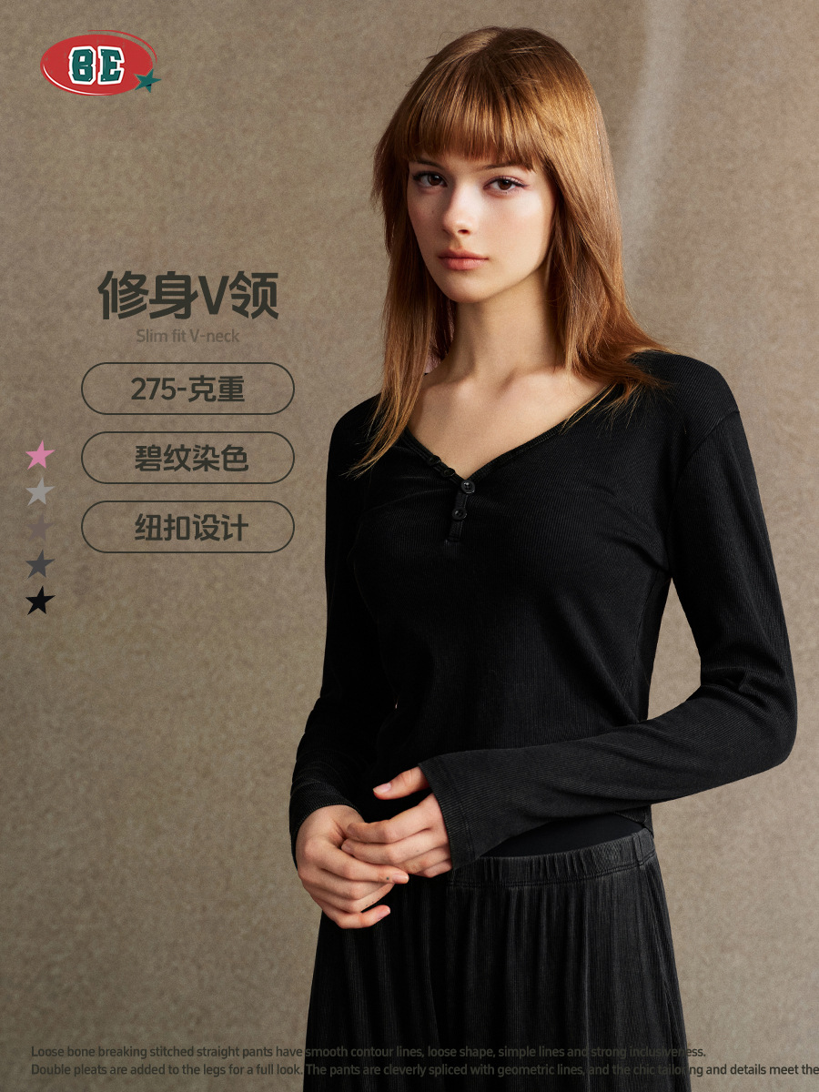 BE ropa de mujer | Suéter de manga larga con botones con cuello en V sexy puro europeo y americano, camisa de fondo delgada y delgada, camiseta de color sólido, mujer image 4