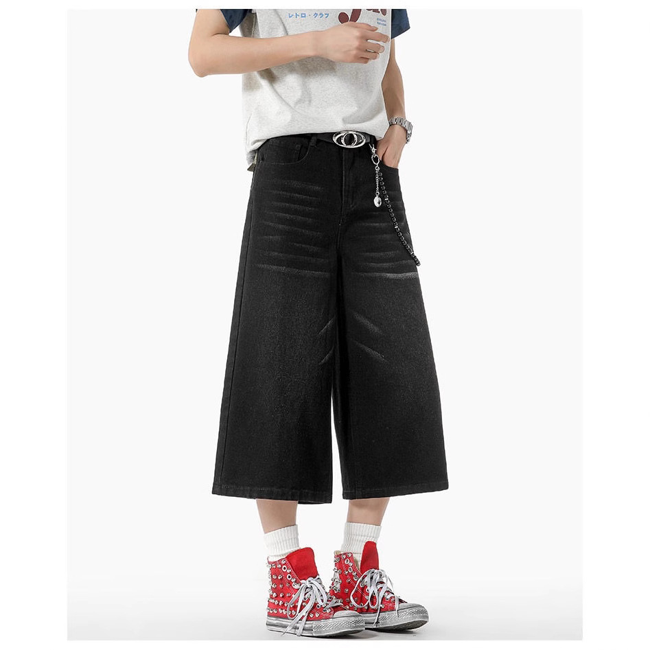 Camisas y ropa, estilo fino de verano americano, spot transfronterizo al por mayor, pantalones de mezclilla recortados holgados de pierna ancha lavados retro