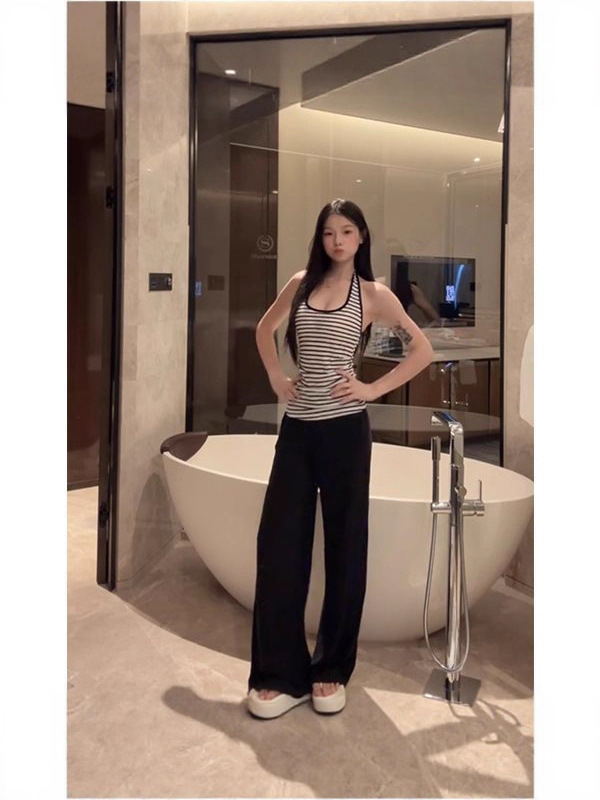 条纹挂脖露背吊带背心女2025夏季新款甜辣妹修身显瘦外穿无袖上衣|undefined