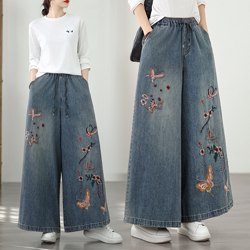 Real Shot of Plus Size Women's Pants, Ethnic Style Retro Denim Culottes, Artistic Embroider, Loose Casual Versatile Wide Leg Pants