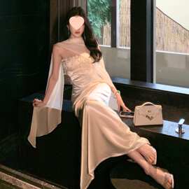 流光盛宴白色抹胸连衣裙女修身显瘦披肩亮片名媛礼服长裙图片色无