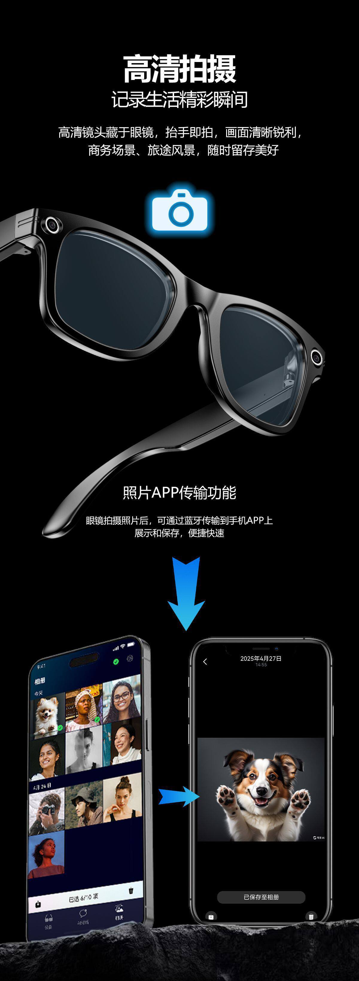 2025智能眼镜800W像素AI拍摄摄像头高清拍照录像语音通话翻译眼镜