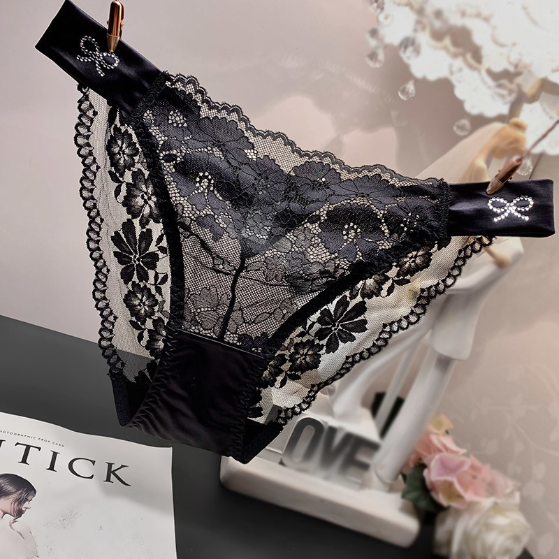 Sexy Fashionable Shiny Diamond High Slit Lace Panties Women's Mid-Low Waist Transparent Seamless Summer Thin Briefs