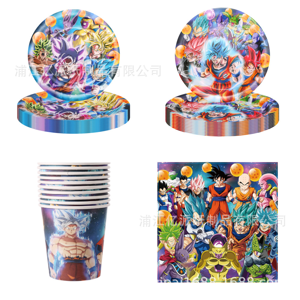 Nuevos siete bolas de dragón fiesta decoración atmósfera decoración prop bandeja de papel tazas de papel toallas de mesa set de cubiertos desechables
