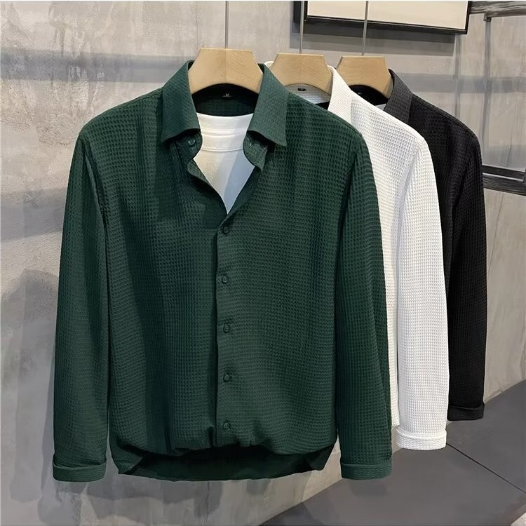 Waffle solid color shirt men's long-sleeved autumn and winter slim-fit handsome high-grade trendy French shirt business casual