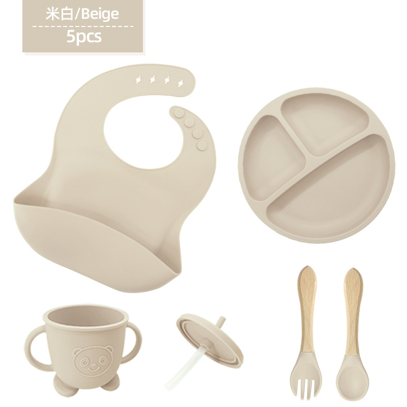 Vajilla de silicona para niños Juego de 6 piezas de silicona para bebés Tazón de alimentos complementarios separados Cuchara tenedor Taza para aprender a beber Juego de vajilla para madres y bebés