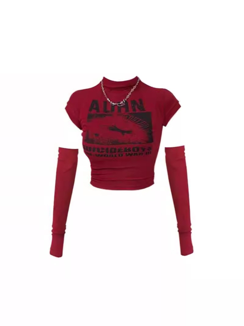 2024 New American Style Retro Layered Half-High Collar Short-Sleeve T-Shirt for Women with Sleeves Trendy Crop Top