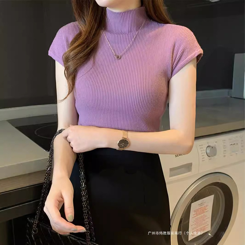 Camisole Top Sweater Suit Half Turtleneck Bottoming Shirt for Women Summer Slim Fit Inner Knitwear Sleeveless Purple