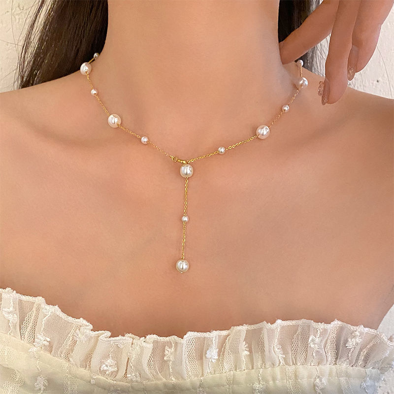 Necklace Classification Elegant Geometric Titanium Steel Tassel Artificial Pearls Necklace
