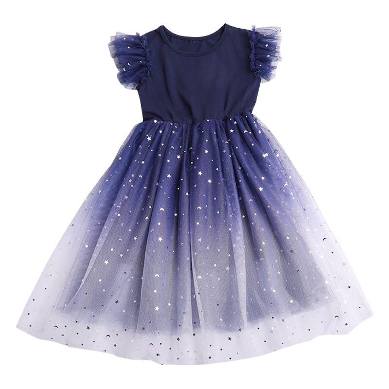 Vestido de princesa tutú infantil con estampado de cielo estrellado degradado, elegante y novedoso para el verano 2025.
