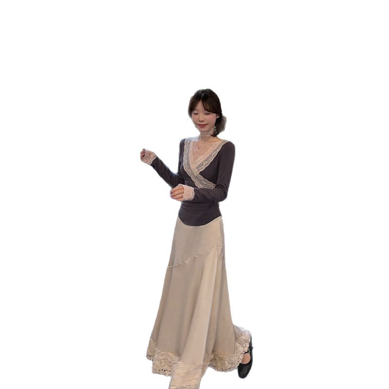 纯欲辣妹V领蕾丝花边修身长袖上衣女2025秋季新款高腰A字花边半裙|undefined