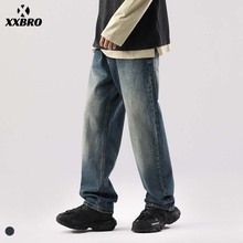 xxbro男装#复古水洗美式潮牌高街哈伦裤宽松牛仔裤男直筒阔腿裤子