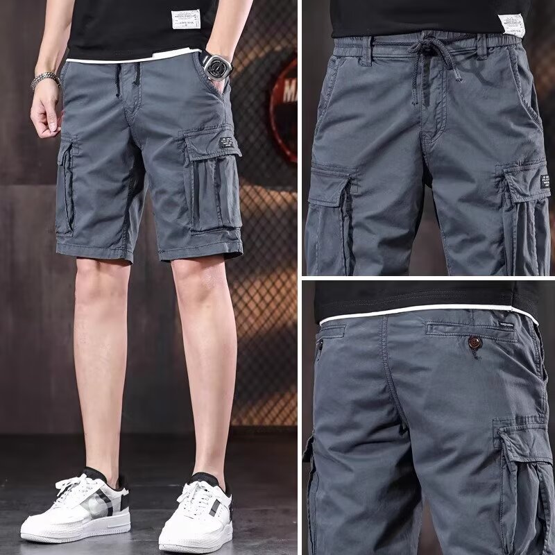 American-Style Outdoor Casual High Street Cargo Shorts for Men, Trendy Brand Heavy Retro Multi-Pocket Casual Knee-Length Shorts