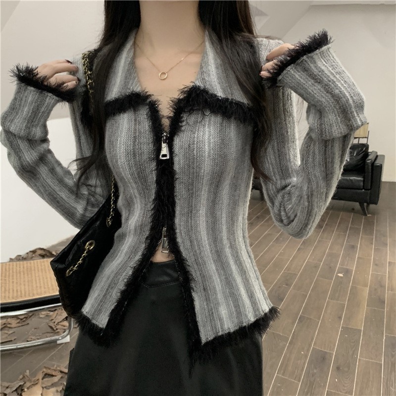 渐变色针织开衫女春季新款内搭双拉链毛衣翻领毛衣美拉德打底上衣|undefined