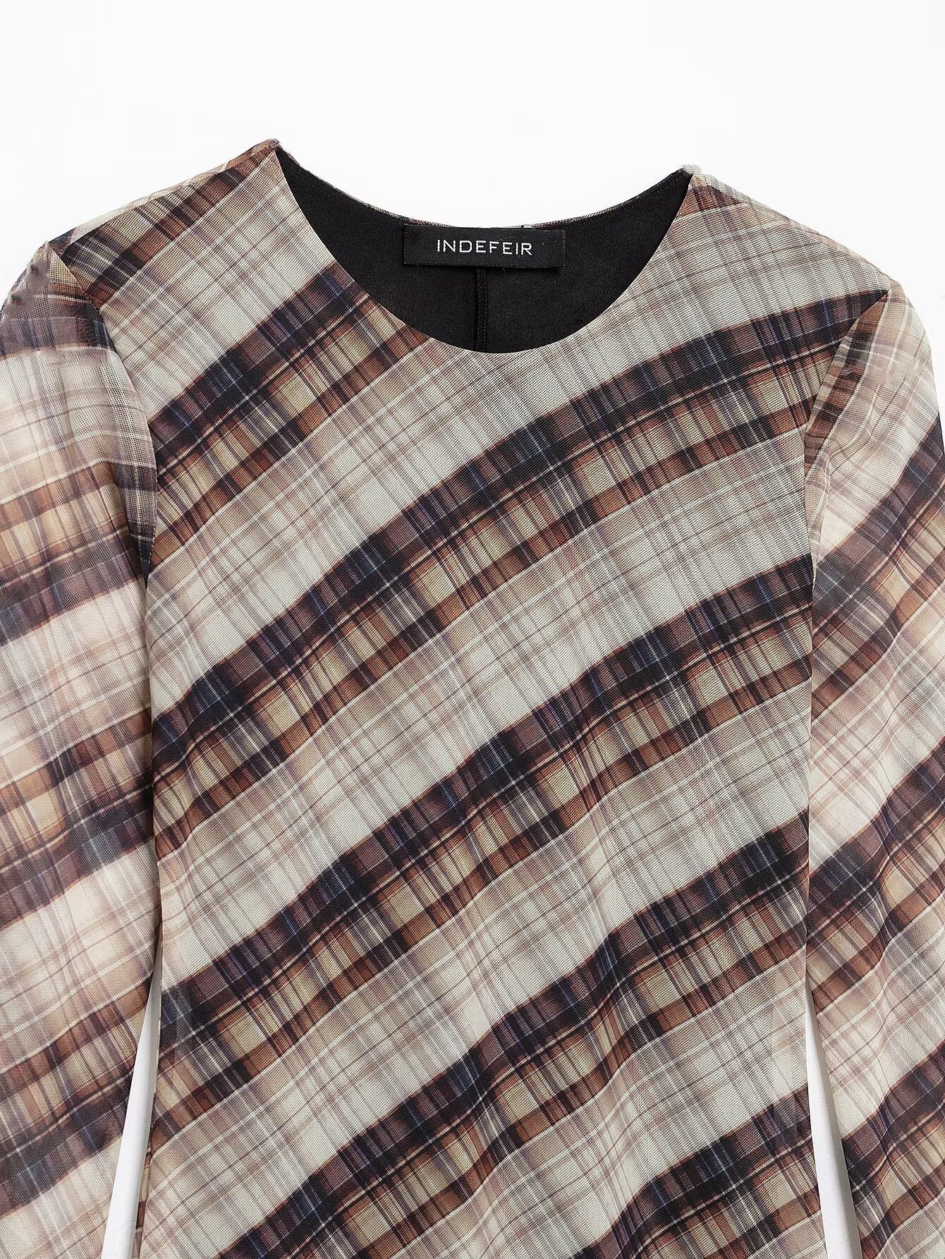 Women Clothing round Neck Loose Casual Plaid Silk Net Long Sleeve Dress