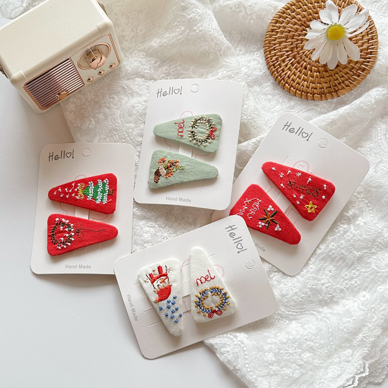 新款聖誕刺繡花朵布藝髮飾三角兒童髮夾小女孩劉海夾雪人發卡批發