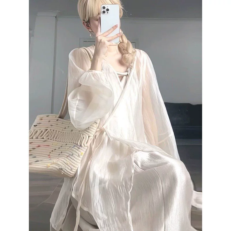 Южнокорейский Dongdaemun 2025, новый летний стиль, однотонный, свободный, утягивающий, с длинными рукавами, тонкая, слегка прозрачная солнцезащитная рубашка, топы для женщин