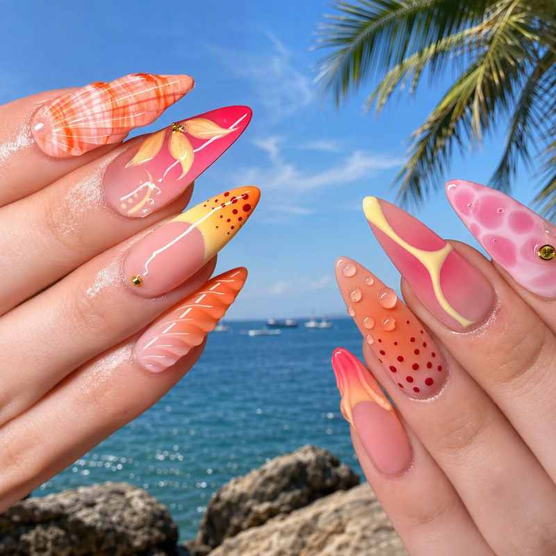 Nail art factory specializes in supplying European and American 3D relief seashell and shell powder orange gradient water drop polka dot long nail art Nail art factory specializes in supplying European and American 3D relief seashell and shell powder orange gradient water drop polka dot long nail art