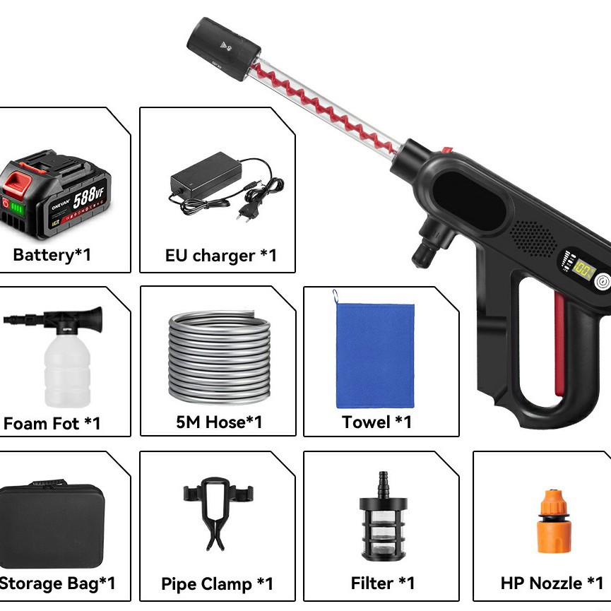 跨境全新第三代螺旋增压洗车清洗机大数显锂电便携式高压水枪