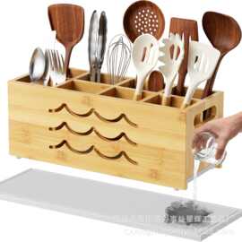竹制分格餐具收纳盒带把手厨房台面刀叉勺整理盒烹饪用具银器盒