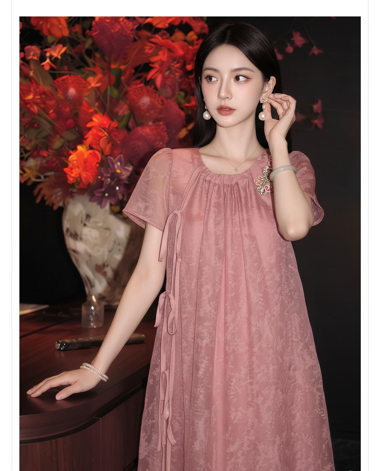Đầm maxi nữ thắt eo phong cách Tân Trung Hoa tay ngắn — Hồng【Phiên bản tay ngắn】 chi tiết 2