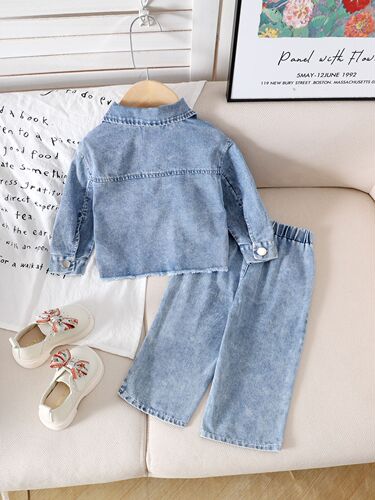 Children's clothing Blue long-sleeved top + pants set for European and American girls
