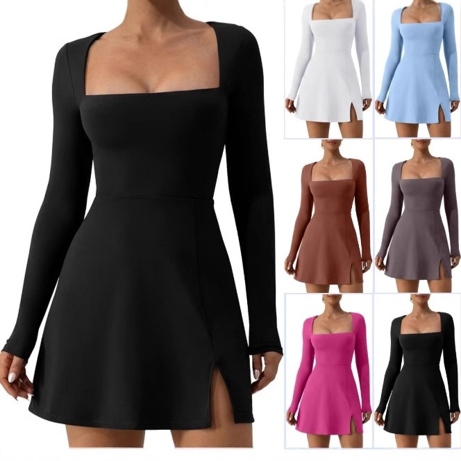 Cross-border European and American Long-sleeved dress Women's Autumn Spice Girl Square Collar Slim-fit Skirt Amazon Women's Milk Silk T-shirt