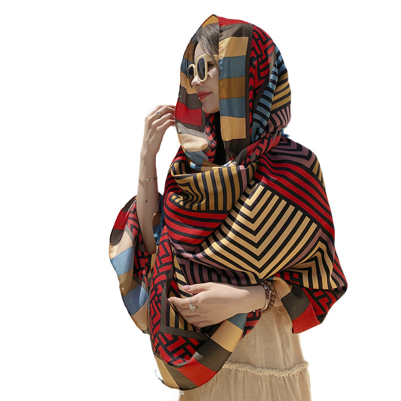 2023 nuevo color geométrico a juego rayas de algodón y lino sensación bufanda viaje toalla playa estilo étnico al aire libre decorativo chal