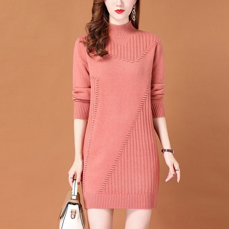 2025秋冬新款半高领中长款毛衣打底裙修身百搭显瘦针织连衣裙女