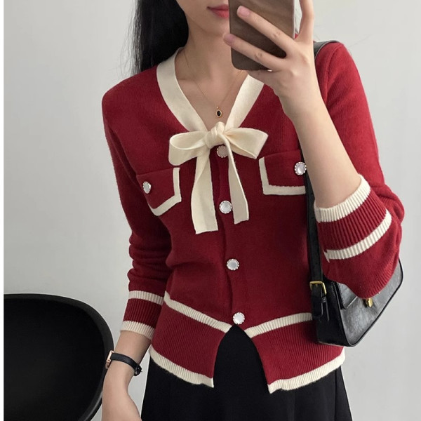 フランス式の小さい香りの風の蝶結びのvネックのニットのカーディガンの女性の秋は色にぶつかってやせています。|undefined
