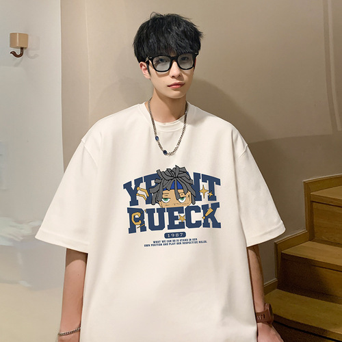  Summer New Arrival Men's Short-Sleeve T-Shirt: Heavyweight, Trendy Brand, American Retro Style, Loose Fit for Teens