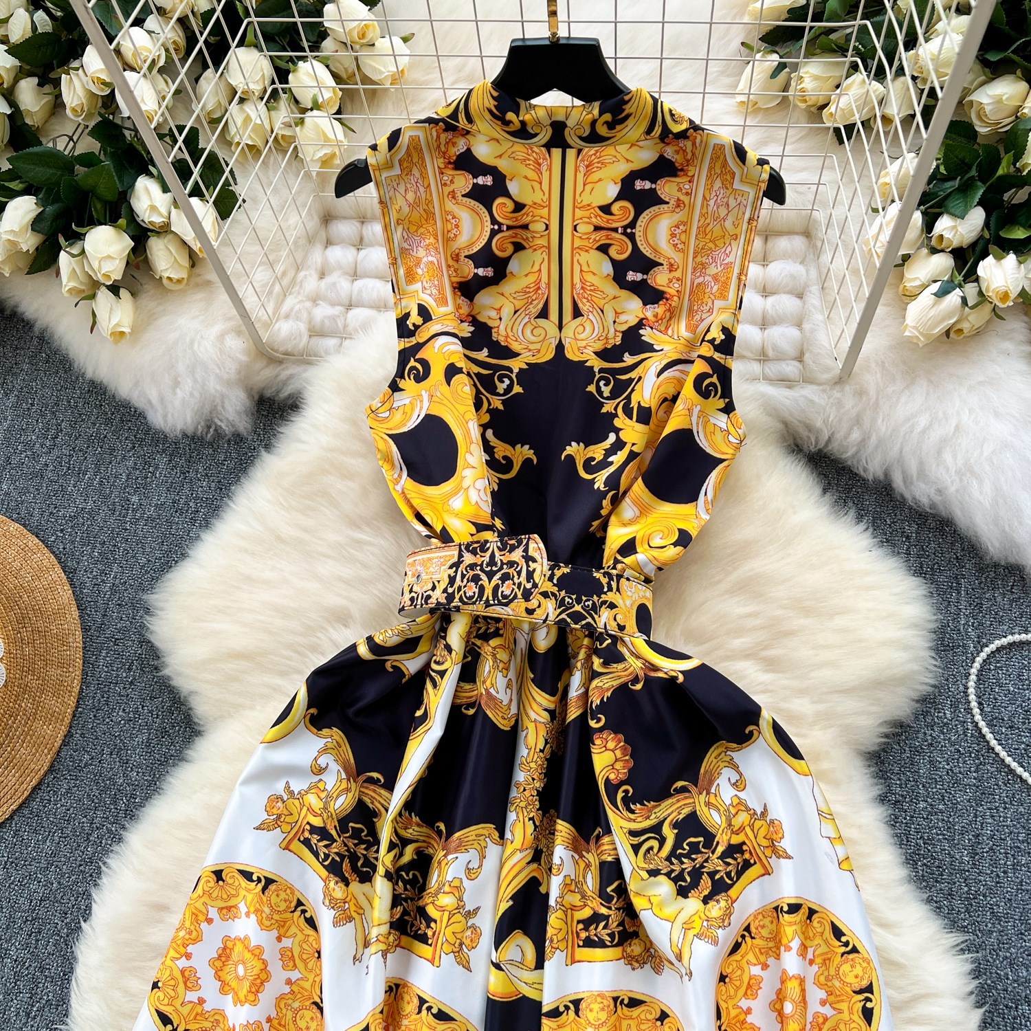 Vintage Baroque Print Sleeveless Dress – High Waist A-Line Dress With 3D Floral Embroidery (5 Sizes, Breathable Stretch Fabric)_ecoleips.com
