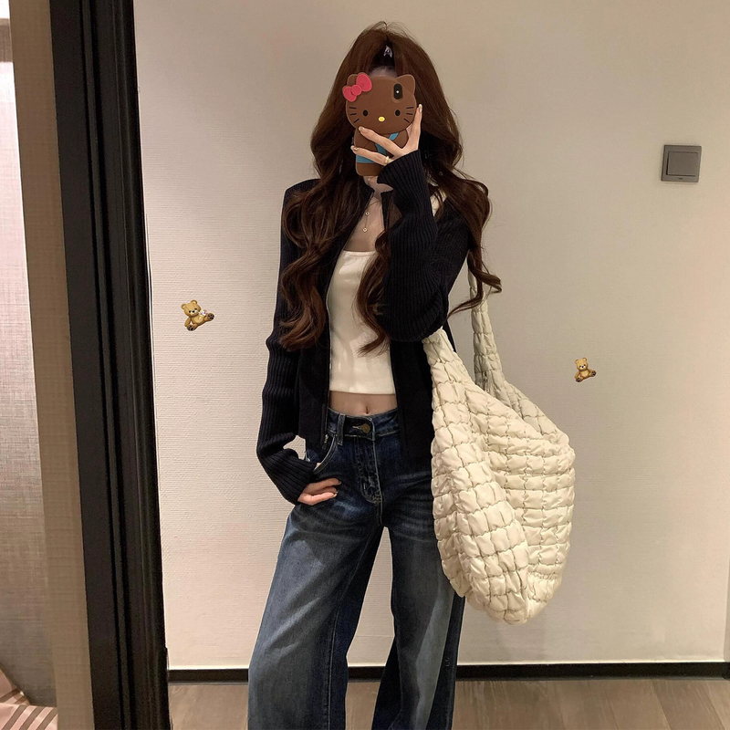 黑色拉链针织开衫外套女春秋季2025新款早秋韩系穿搭chic短款上衣|undefined