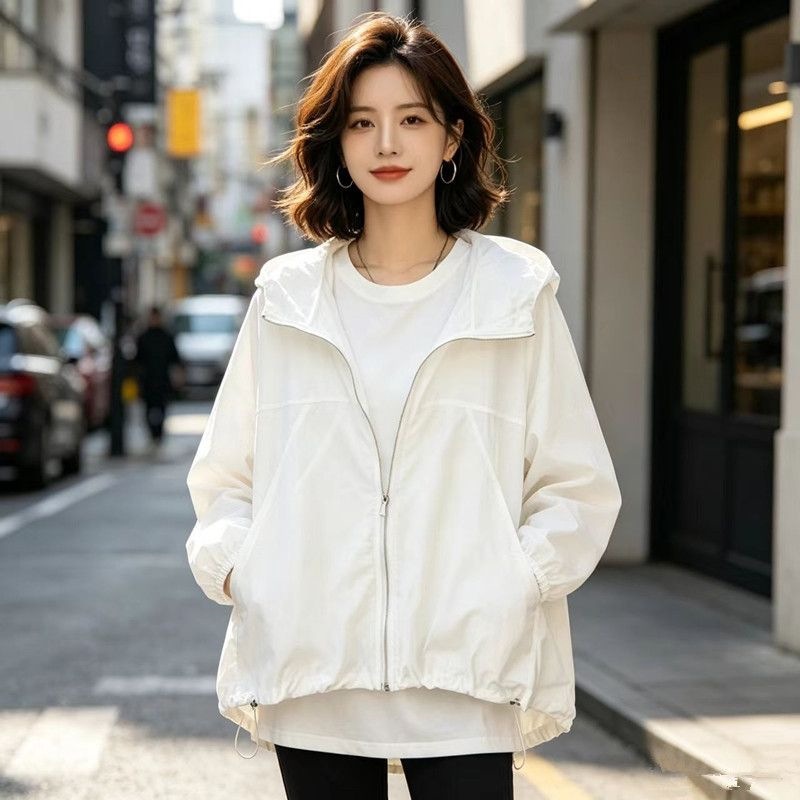 White summer thin sun protection jacket for girls, loose fit, large size, versatile, hooded, UV protection coat