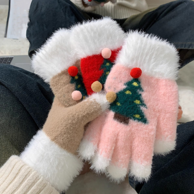 雪のクリスマスツリーの手袋の女性の冬の指はタッチパネルとベルベットを厚くすることができます。|undefined