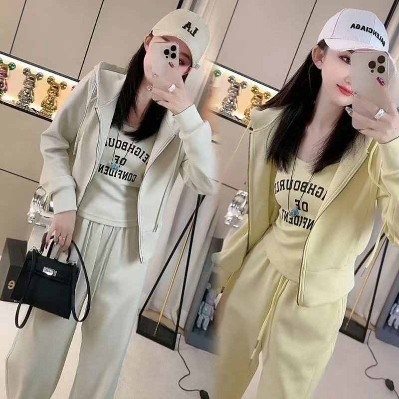 2025 Outdoor Casual Hooded Loose Letter 3-Piece Set Layered Wide-Leg Scimitar Straight Pants Sportswear Suit