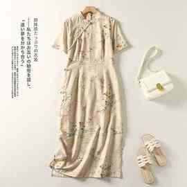 新中式收腰连衣裙女夏短袖印花改良旗袍裙复古中长裙