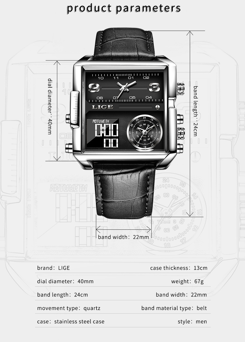 Lige 8925 nuevo cinturón cuadrado doble pantalla personalidad creativa electrónica cuarzo reloj de los hombres frescos