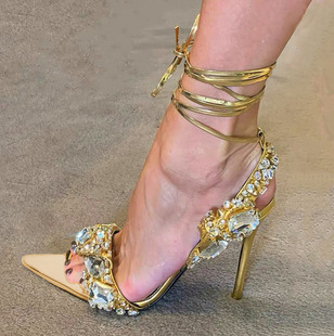 High Heels 2025 New Export Sexy Cross Strap Rhinestone Open Toe European and American Summer Style One-Strap High Heel Sandals