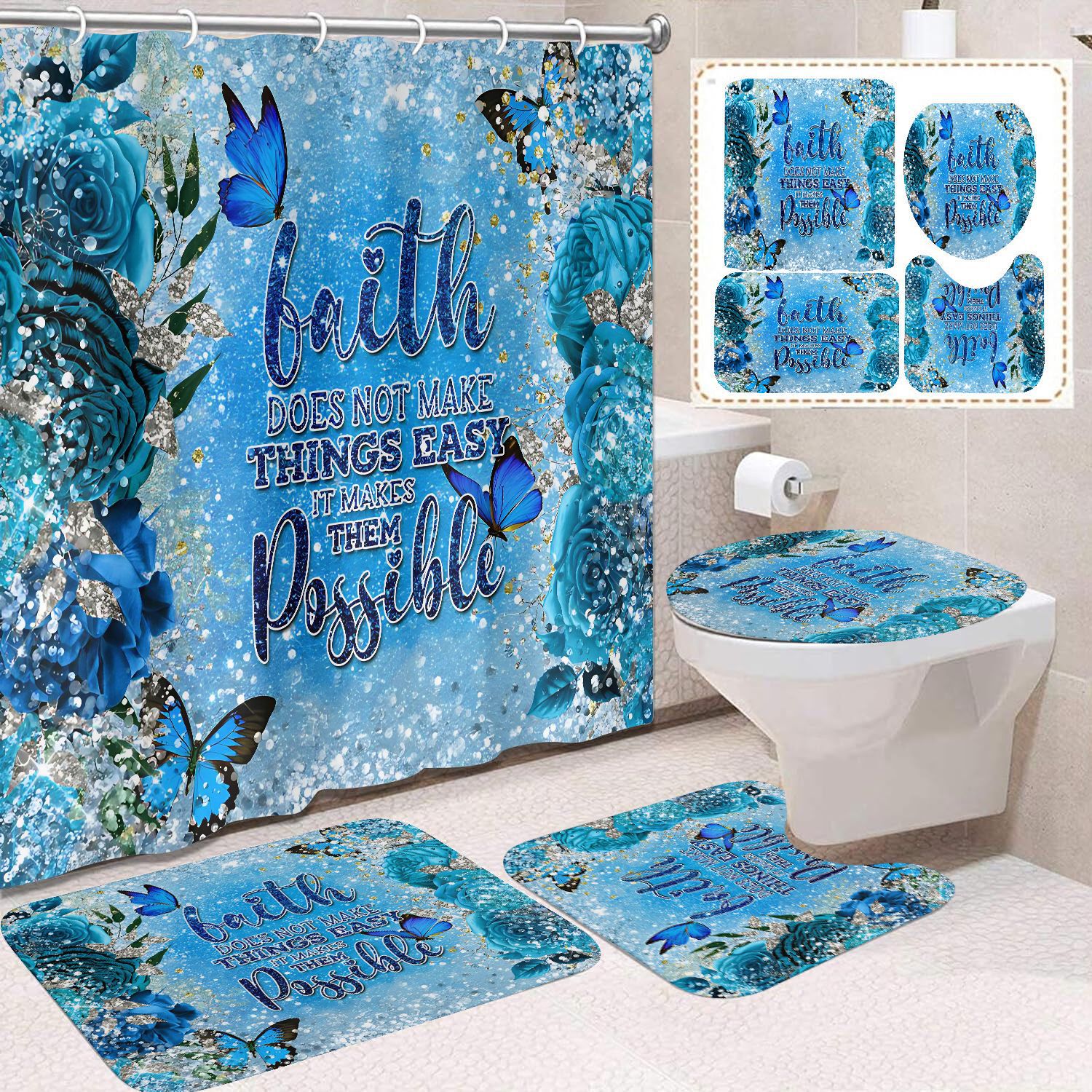 Transfronterizo Amazon cortina de ducha de color degradado cortina de baño letra patrón de mariposa cortina de ducha impermeable y a prueba de moho image 6