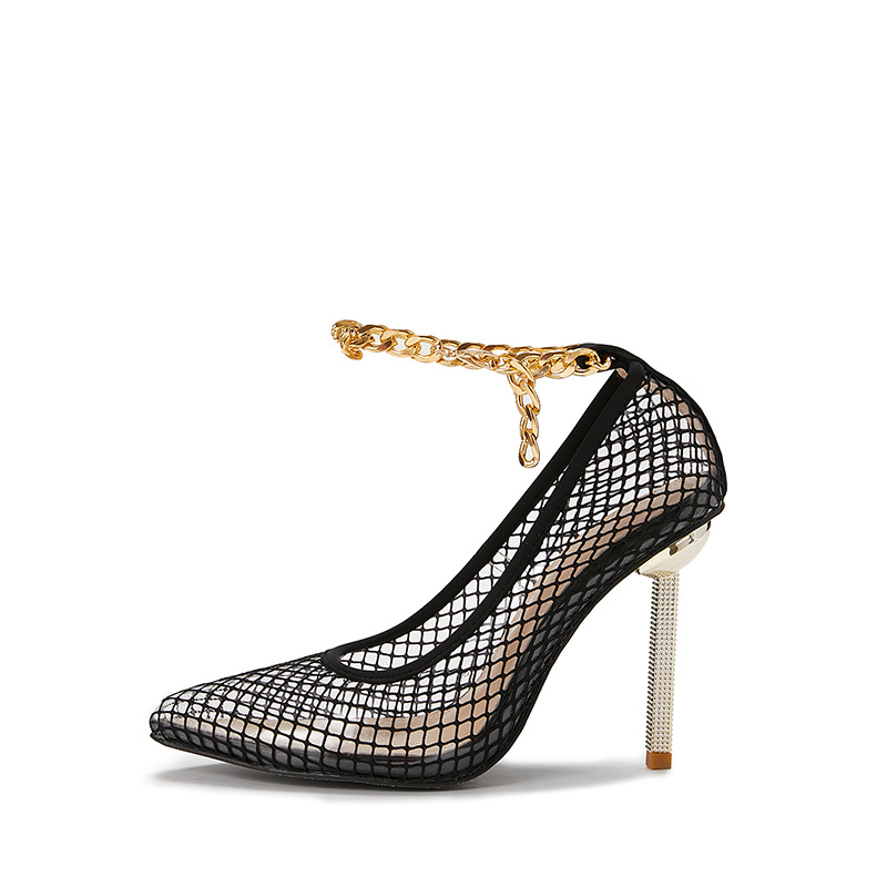 Pointed Toe Mesh Metal Chain Stiletto Shoes NSSO107867