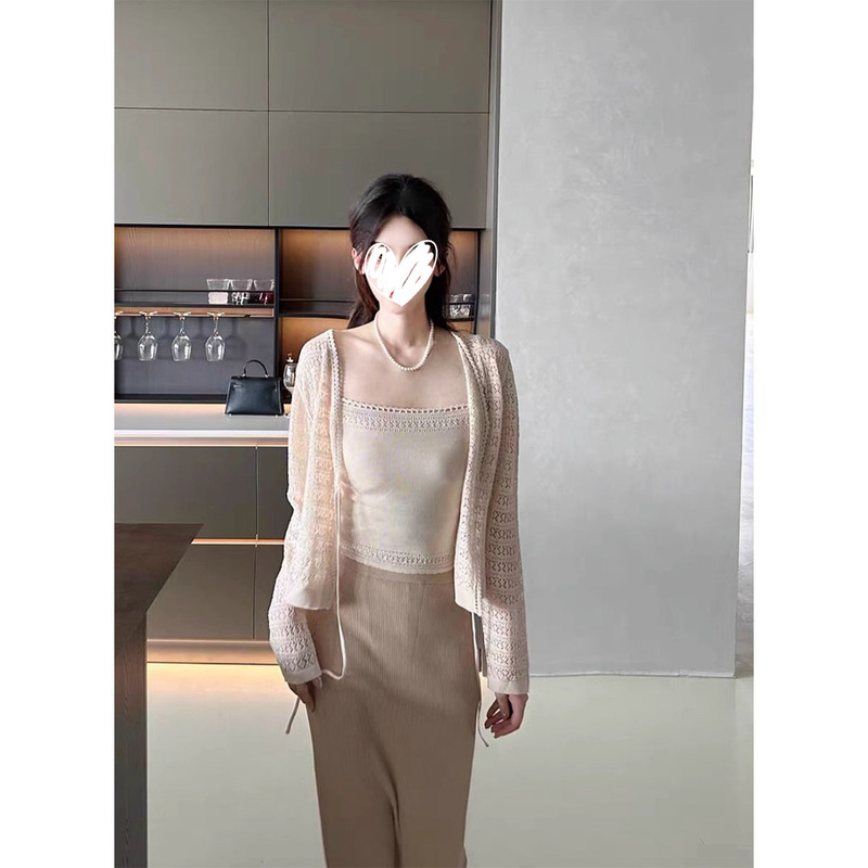2025夏季新款套装法式纯欲微透针织薄款吊带开衫半身裙女三件套装|undefined