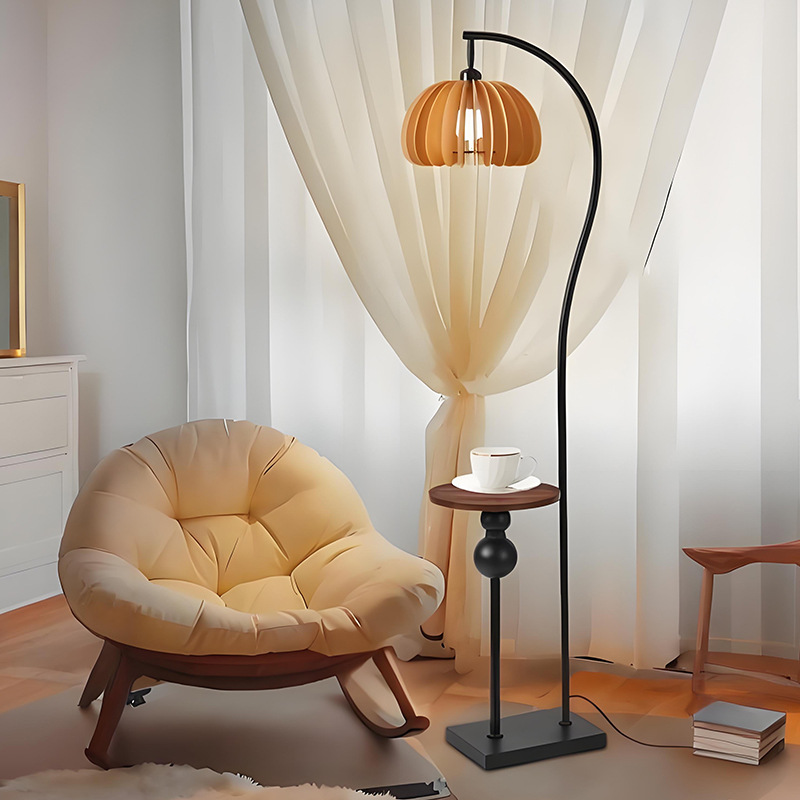 Lámpara de Pie con Repisa 488L de Hierro y Madera para Sala de Estar image 2