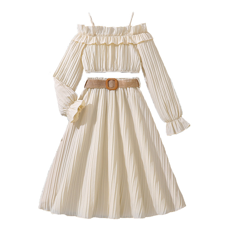 Meiteņu komplekts 2024. gada rudens stilīgs īss stils ar vienu plecu, mežģīņu mazs krekls ar pussvārkiem, bērnu apģērbs_voghion.com