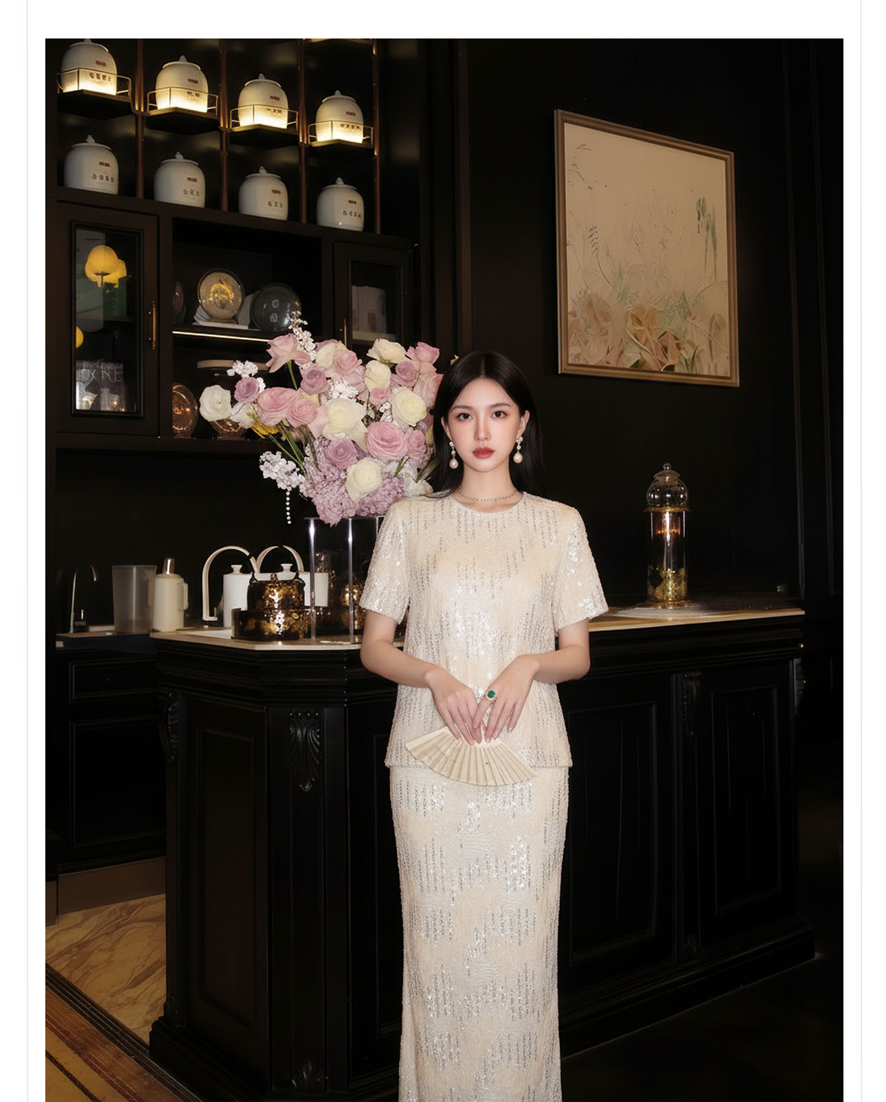 Áo sơ mi nữ dài tay phong cách Trung Hoa đính sequin cao cấp xuân hè — Áo sơ mi màu mơ, Váy nửa màu hạnh nhân chi tiết 7