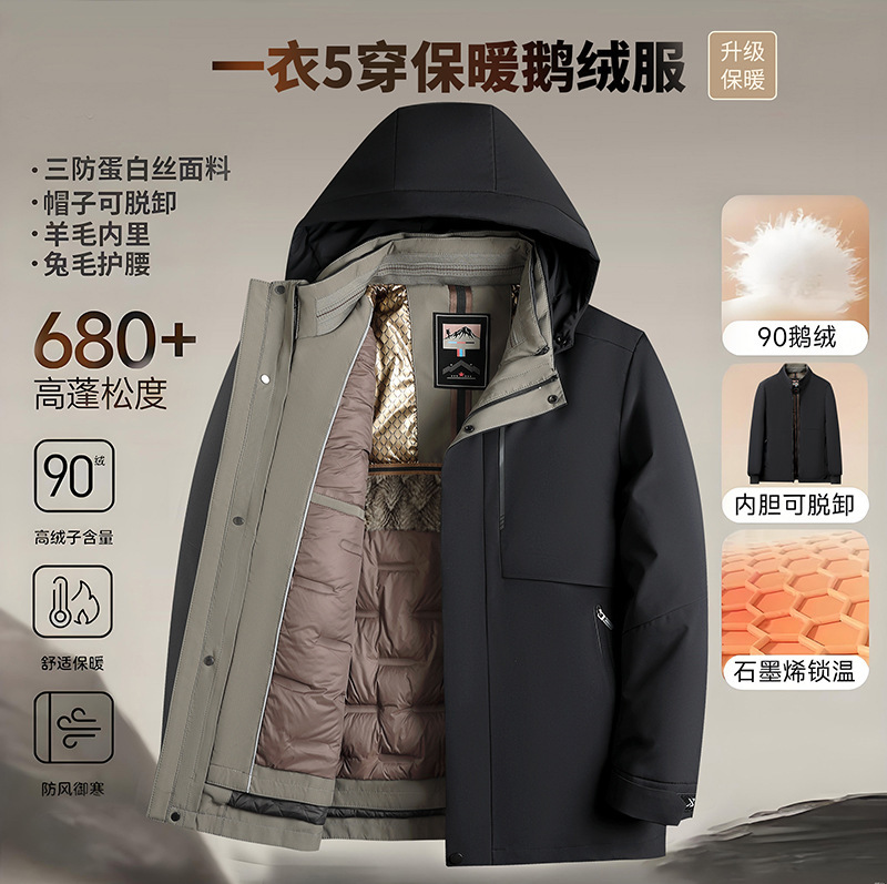 Factory Direct Supply Goose down Jacket for Middle-Aged and Elderly Men, Thickened Inner Lining, Detachable, Dad's Winter Coat