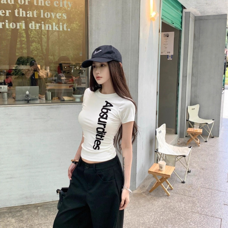 Own Factory Letter Towel Embroidered Short Sleeve T-Shirt Women's Summer American Slim Fit Round Neck Top Own Factory Letter Towel Embroidered Short Sleeve T-Shirt Women's Summer American Slim Fit Round Neck Top