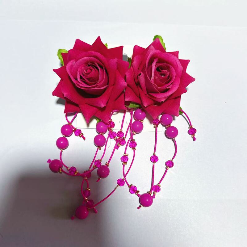 カラフルな立体的な大きな花のタッセルペンダントイヤリング、誇張されたロングスタイル、模擬花の手作りローズイヤリング、クロスボーダー|undefined