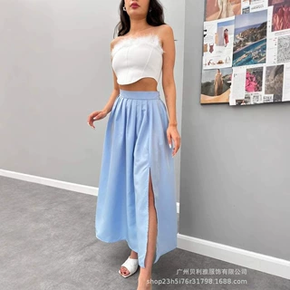 亚马逊欧美春夏新款高腰褶皱开叉女装长裙跨境外贸时尚百搭半身裙